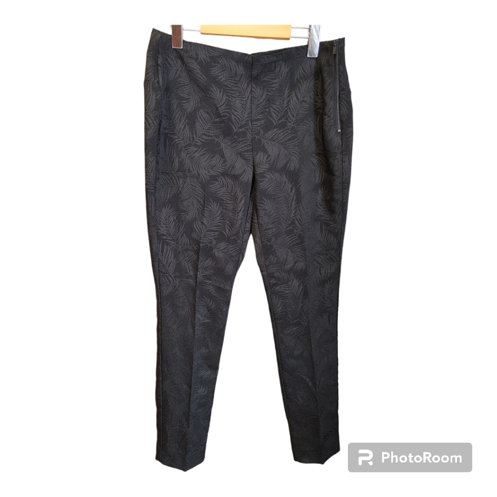 WILLOW & THREAD Black On Black Leaf Pattern Straight Leg Trousers Size 10